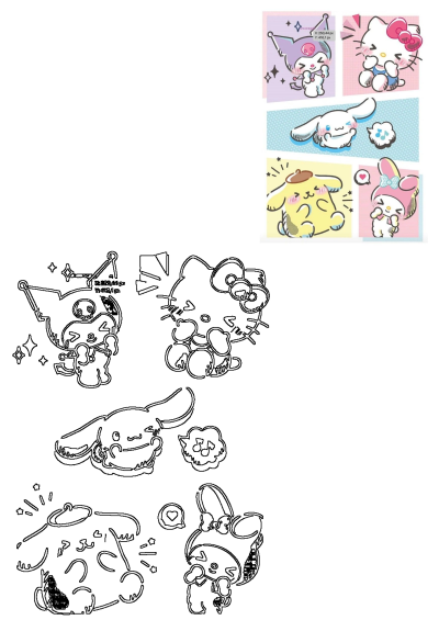 A delightful collage of Hello Kitty and Friends characters like Kuromi, Hello Kitty, My Melody, Cinnamoroll, and Pompompurin, in cute pastel illustrations with matching outlines.