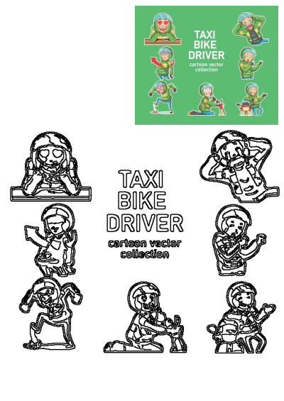 Dynamic cartoon taxi bike driver vector stickers expressing diverse emotions and actions, presented in vibrant colors and outlines.
