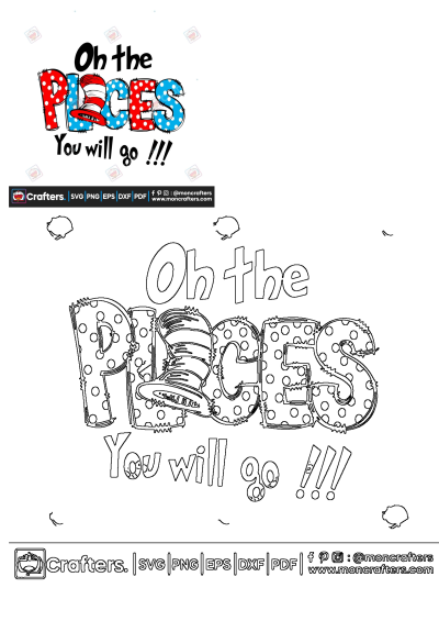 Dr Seuss inspired 'Oh The Places Youll Go' design, featuring a colorful polka dot version with the iconic hat and a black outline for crafting.