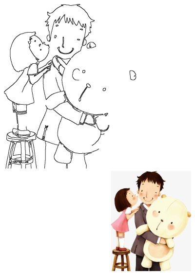 Heartwarming outline art of a daughter on a stool kissing her smiling father's cheek, who holds a teddy bear, symbolizing dad-daughter love.
