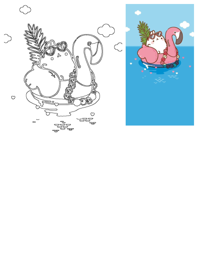 A cute kawaii bunny in a flamingo pool float with sunglasses and lei. Includes both a vibrant illustration and a black outline.