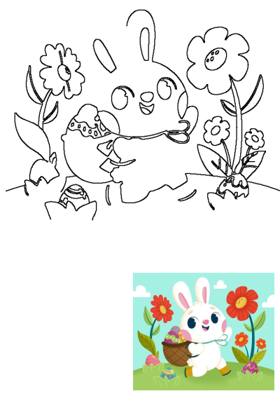 A cheerful cartoon Easter bunny hops through a vibrant spring scene, carrying a basket filled with colorful decorated eggs amidst blooming flowers.