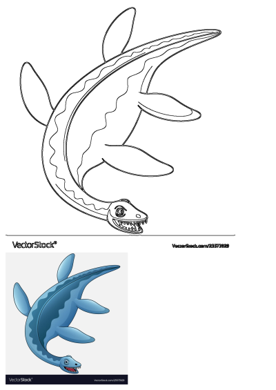 A cheerful cartoon blue plesiosaur, vividly illustrated with sharp teeth, a long neck, and four flippers, ready to swim.