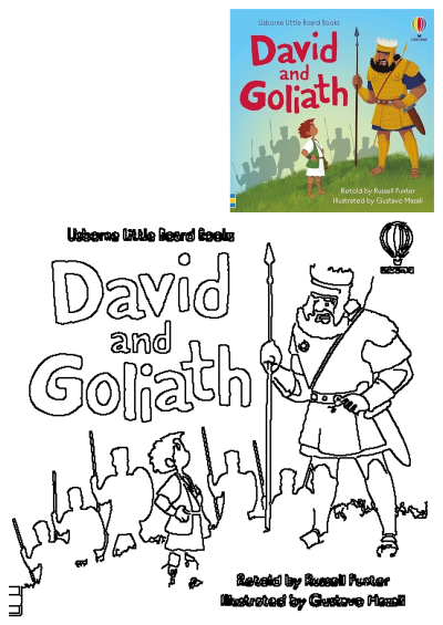 Usborne Little Board Books David and Goliath children's book cover, featuring David facing Goliath, displayed with its outline version for activity.