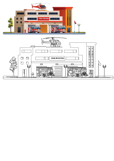 Vibrant illustration of a modern fire station with two red fire trucks, a rescue helicopter, fire hydrant, and street lights.