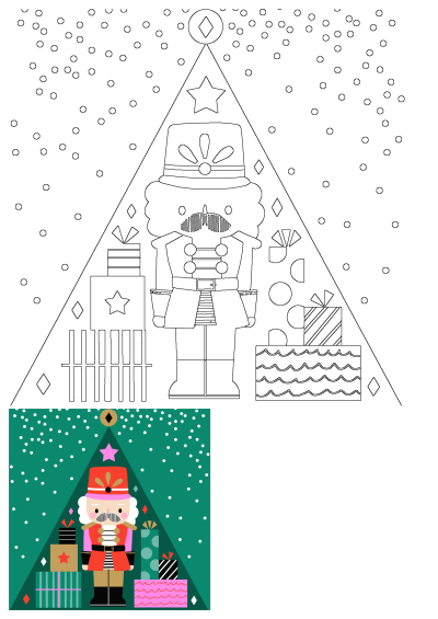 Line art of a festive Nutcracker soldier within a Christmas tree shape, surrounded by gifts and falling snow. Small colored reference included.
