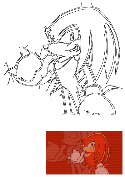 Knuckles the Echidna, the iconic Sonic character, shown as a bold line art and a vibrant red figure on a cool red background.