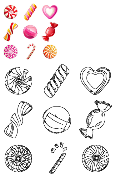 Assorted colorful lollipops, hard candies, and sweet treats with their detailed black-and-white line art versions.