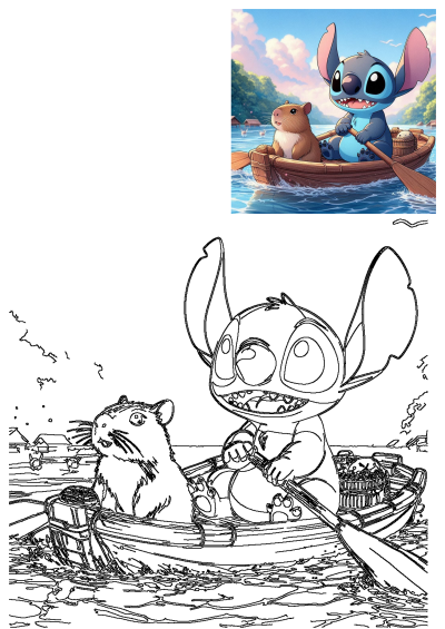 Stitch and a capybara enjoying a fun rowing boat adventure on a lake, surrounded by nature, in vibrant color and outline.