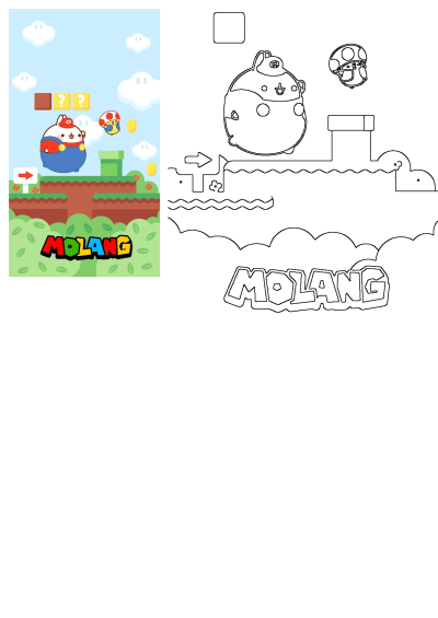 Molang dressed as Mario in a vibrant Mario-style platformer iPhone game level, complete with question blocks, pipes, and a mushroom.