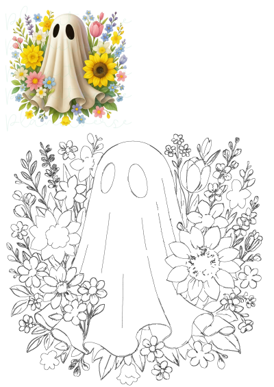 A cute floral ghost with big black eyes nestled in vibrant Halloween flowers like sunflowers, tulips, and lavender, perfect for spooky season.