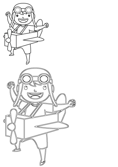 Outline of a cheerful cartoon girl aviator with goggles, joyfully flying her propeller airplane in the sky.