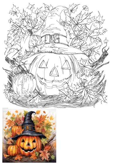 Vibrant Halloween painting featuring a smiling pumpkin in a witch's hat, surrounded by colorful autumn leaves.