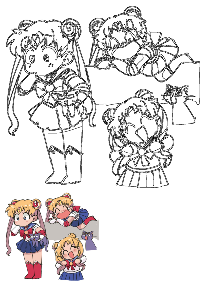 Sailor Moon chibi characters fan art showcasing multiple cute poses and expressions of Sailor Moon and her companion, Luna.