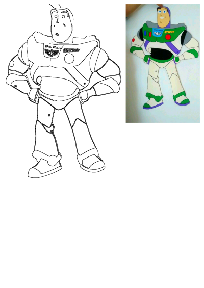 Buzz Lightyear paper cutout craft from Toy Story, featuring the completed colorful character next to its blank outline template.