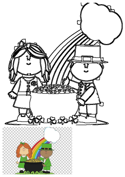 Outline of a boy and girl in festive St. Patrick's Day outfits, standing with a pot of gold and a rainbow, surrounded by shamrocks.