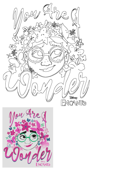 Disney Encanto Mirabel 'You Are A Wonder' graphic, featuring her face surrounded by colorful flowers and butterflies, ideal for a racerback tank top.