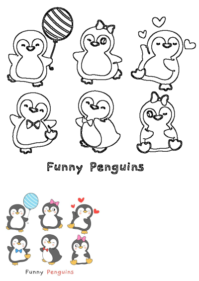 Cute cartoon penguins with balloons, bowties, and heart decorations. Features black outlines and vibrant colored artwork.