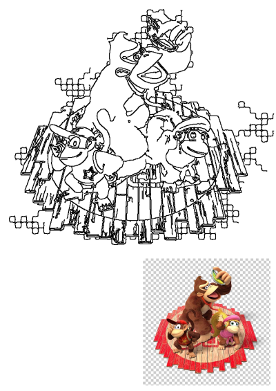 Donkey Kong, Diddy, and Dixie Kong cartoon characters stand on a wooden platform. Donkey Kong holds a banana, Diddy wears red, Dixie wears pink.