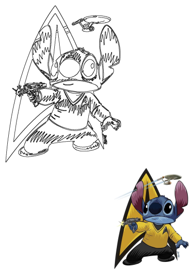 Stitch, in a yellow Star Trek uniform, holds a phaser with the USS Enterprise flying and a Starfleet delta badge behind him. A cool fan art crossover.