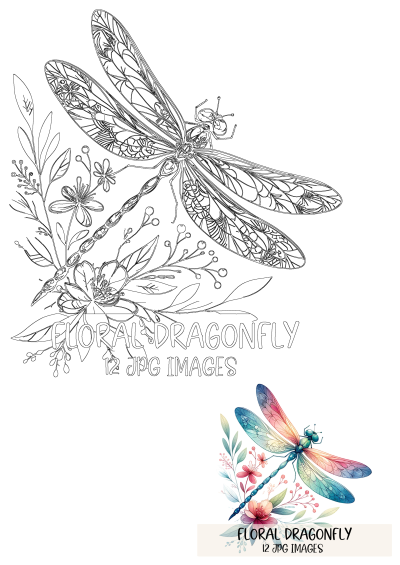 Blue Dragonfly With Floral Wings Watercolor Illustration. Colorful insect with intricate floral wings, and detailed line art version.