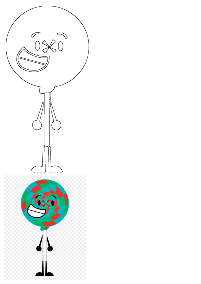 A playful cartoon lollipop character with arms and legs, featuring a vibrant swirl head in red, green, and blue, presented in outline and full color.