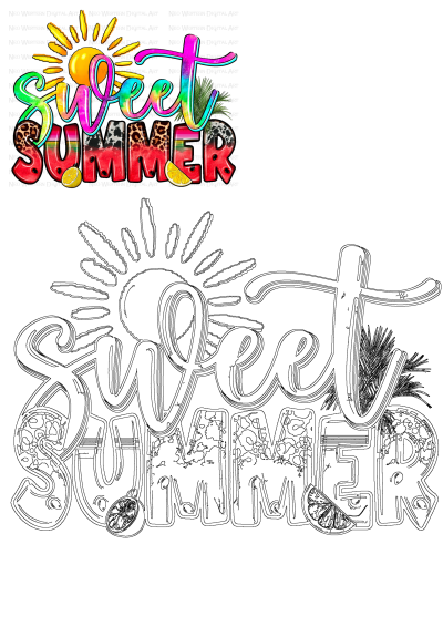A vibrant "Sweet Summer" graphic featuring leopard, watermelon, and cow prints with bright tie-dye colors, an orange sun, and palm leaves.