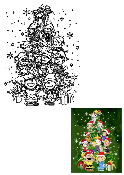 A festive Peanuts Characters Christmas Tree artwork featuring an outline drawing of the gang in Santa hats, surrounded by snowflakes and gifts.