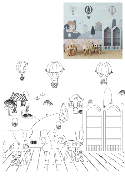 Whimsical children's playroom featuring a hot air balloon wall mural, charming houses, animal-shaped chairs, and toy shelves.