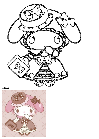 Cute bunny girl in dress and hat with luggage. This adorable line art illustration shows a charming character in a detailed ruffled outfit.