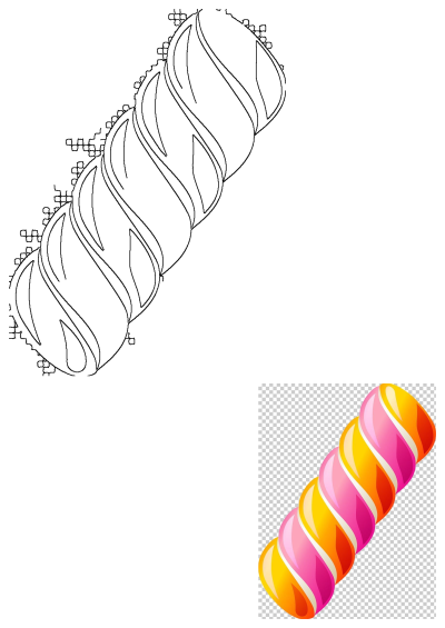 Vibrant colorful striped candy illustration PNG clipart, featuring a pink, orange, and yellow twisted sweet, alongside a black outline.