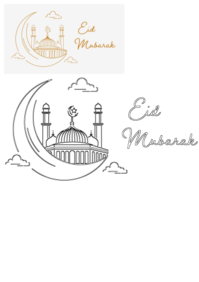 An Eid Mubarak Moon Mosque Illustration showing a golden outline of a mosque with a crescent moon and clouds, alongside a black line art version for Islamic greetings.