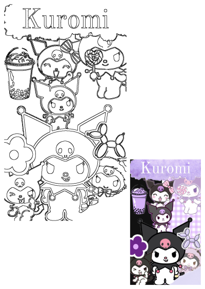 Colorful Kuromi characters with boba and lollipops against a purple and white checkerboard background. Includes matching outline art for coloring.