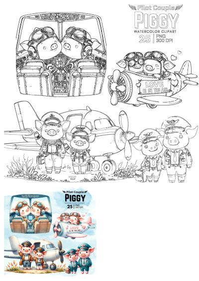 Cute watercolor and line art clipart of pig pilot couples flying airplanes, standing with aircraft, and displaying 'Love Is In The Air' banner.