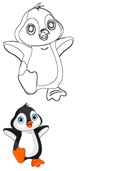 Cute cartoon penguin illustration featuring a black outline drawing and a vibrant colored version with blue eyes, orange beak, and feet.