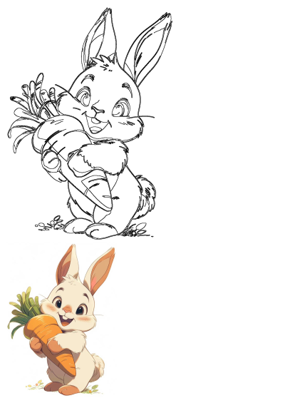 A cheerful cartoon bunny holds a big carrot, presented as both a black and white line drawing and a full color illustration.