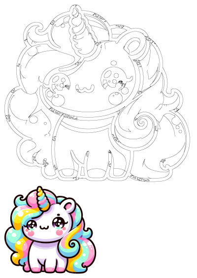 An adorable kawaii unicorn with a vibrant rainbow mane, tail, and horn, featured in both full color and a detailed black and white outline.