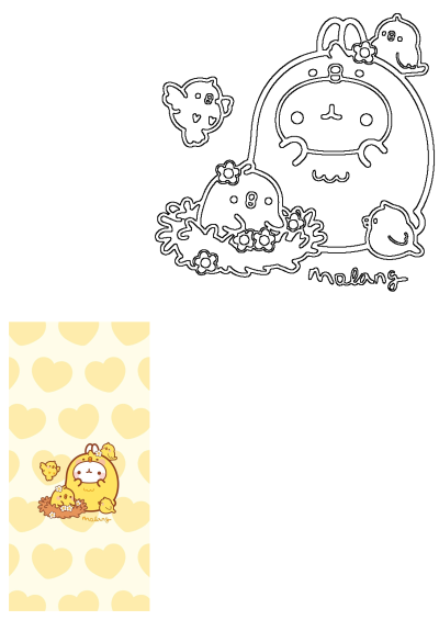 A delightful image showcasing the cute Malang character with baby chicks and flowers, featuring both outline and colored versions on a heart background.