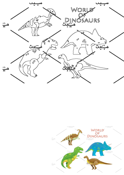 Vibrant illustration of various dinosaur species like T-Rex, Triceratops, and Parasaurolophus, in outlines and full color.