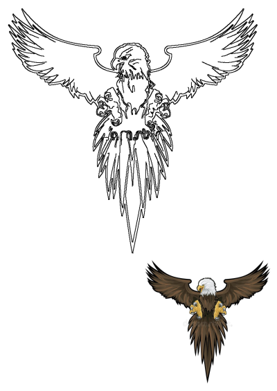 Majestic eagle illustration with outstretched wings and prominent talons, shown in both outline and colored forms, representing royalty.