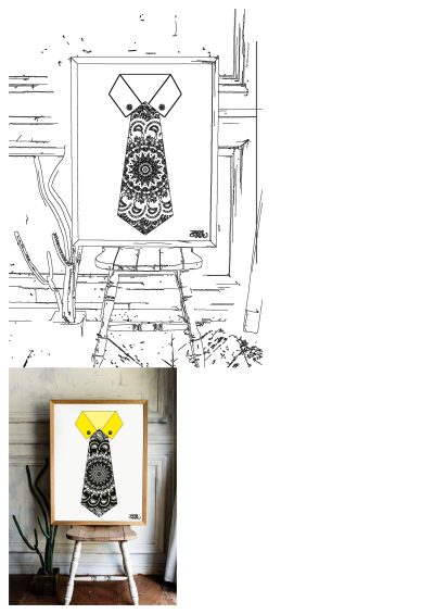 Elegant framed mandala pattern tie art featuring a yellow collar, placed on a wooden stool with a cactus nearby, against a textured wall.