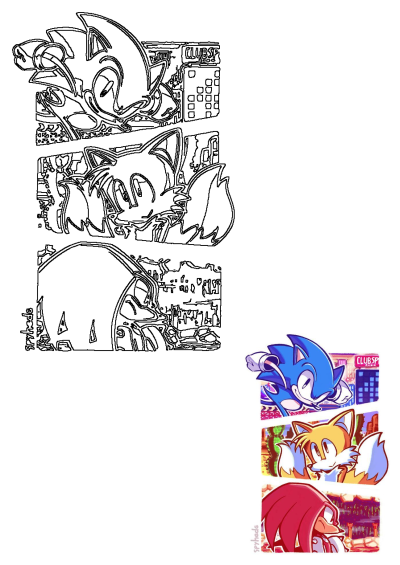 Dynamic cartoon art of Sonic, Tails, and Knuckles, presented as both vibrant color and clean line art, showcasing iconic characters.
