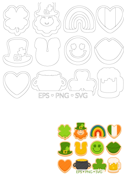 St. Patrick's Day cookies & outlines: shamrocks, leprechaun, hats, clover, rainbow, pot of gold, beer mug, and Irish flag.