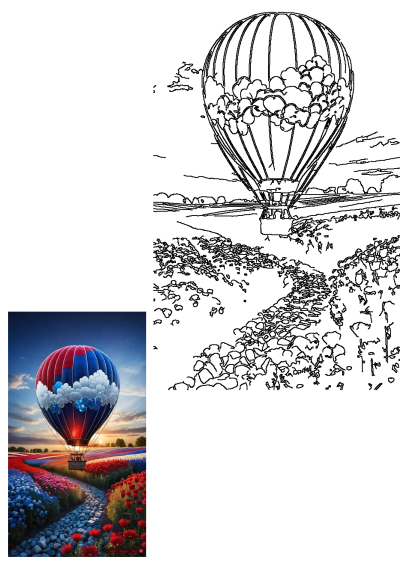 Red, white, and blue hot air balloon with cloud patterns, soaring over a vibrant flower field and winding stone path at sunset.