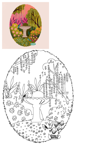 Vibrant illustration of an oval garden scene featuring a stone fountain, lush trees, colorful flowers, and cheerful birds.