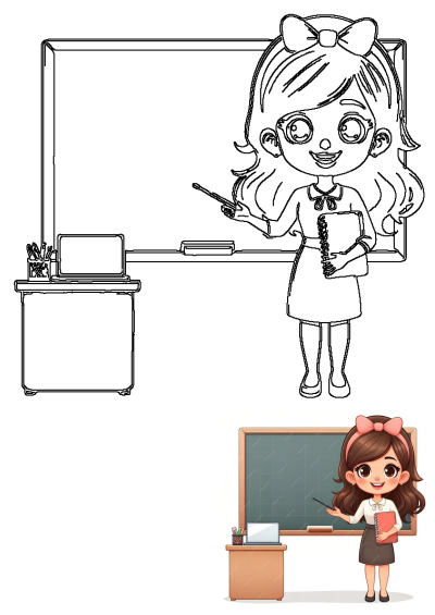 A cheerful cartoon teacher holding a book and pointing at a blackboard. This outline drawing shows a classroom scene.