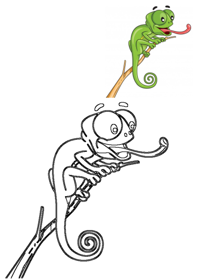 A vibrant cartoon green chameleon with its tongue out on a branch, alongside its black and white outline for coloring.