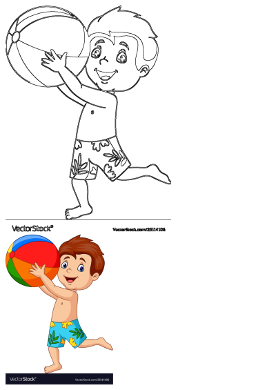 This cartoon illustration features a cheerful boy playing with a multicolored beach ball, perfect for summer and beach fun.