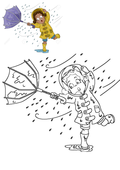A cartoon girl in a yellow raincoat and boots struggles to hold her purple umbrella that's turned inside out by strong wind and rain.
