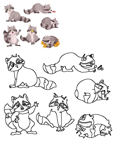 A collection of cute cartoon raccoon vector illustrations in various poses, including both colored and black outline versions.